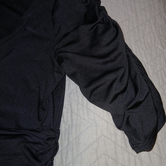 Alisa Pan Black Full Skirt Dress Ruched Sleeves Sz 10 EUC - Picture 5 of 5